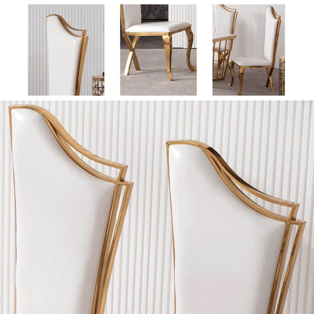 White upholstered dining chairs set of 2 with stainless steel frame and gold legs