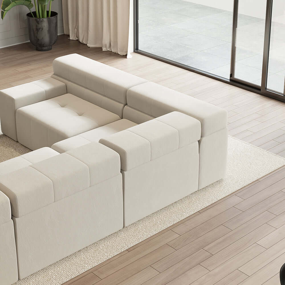Contemporary LShaped Off White Velvet Sectional Sofa with Chaise