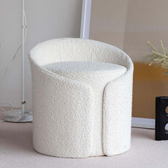 Contemporary modern white round lamb boucle sherpa vanity stool with plush backrest