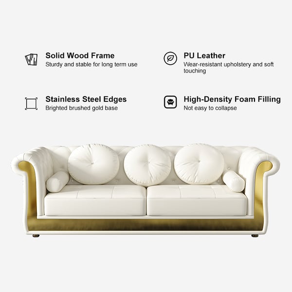 Dodiy 86.6" Modern Upholstered Tufted Leather 3Seater Sofa with 5 Pillows White