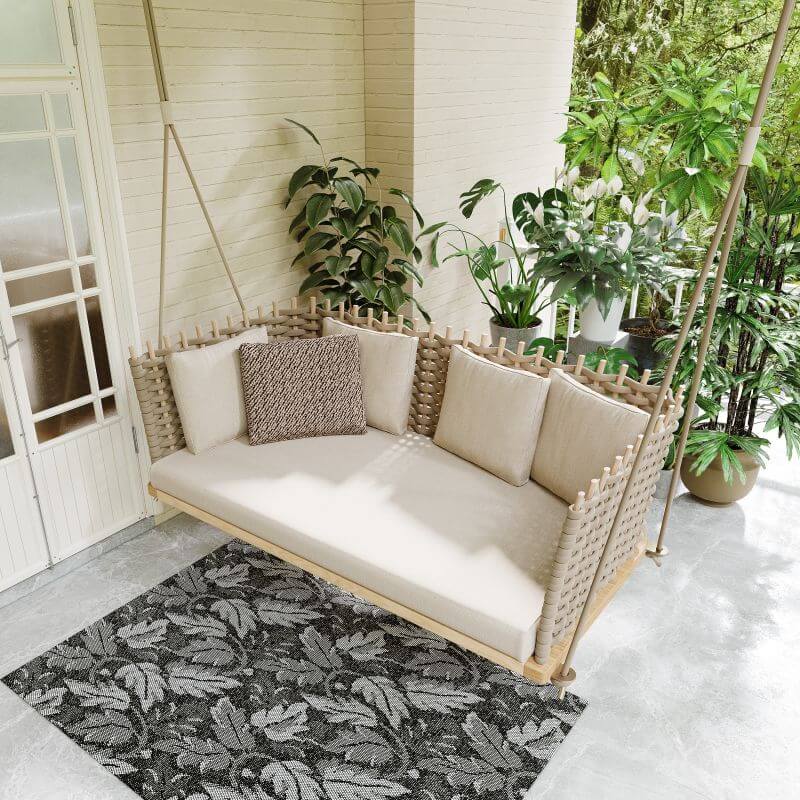Handing Rattan Porch Swing Sofa with Shiny Khaki Cushion Pillow for Outdoor Leisure and Comfort