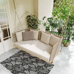 Handing Rattan Porch Swing Sofa with Shiny Khaki Cushion Pillow for Outdoor Leisure and Comfort