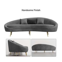 Modern 63 inch pink velvet sofa with curved design, gold metal frame, and matching toss pillow