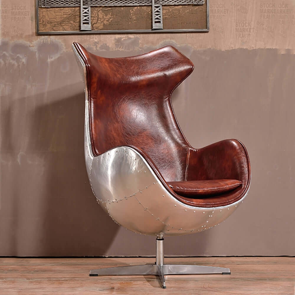 Retro brown leather accent chair with silver upholstery - stylish and comfortable furniture Hauptbild