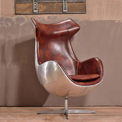 Retro brown leather accent chair with silver upholstery - stylish and comfortable furniture