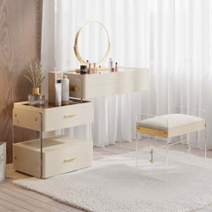 Modern white vanity with extendable mirror, acrylic stool & drawers for makeup