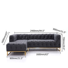 94.5 inch contemporary sofa in gray velvet, tufted upholstery, gold base, 3-seater