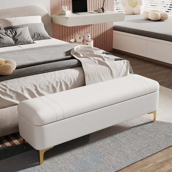 Modern White PU Leather Bedroom Flip Top Storage Bench with Gold Stainless Steel Legs Hauptbild