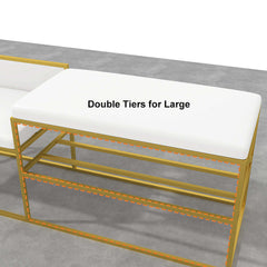 Sleek modern white upholstered entryway bench with gold legs