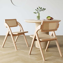 Set of 2 Japandi natural folding dining chairs made from solid wood and durable rattan