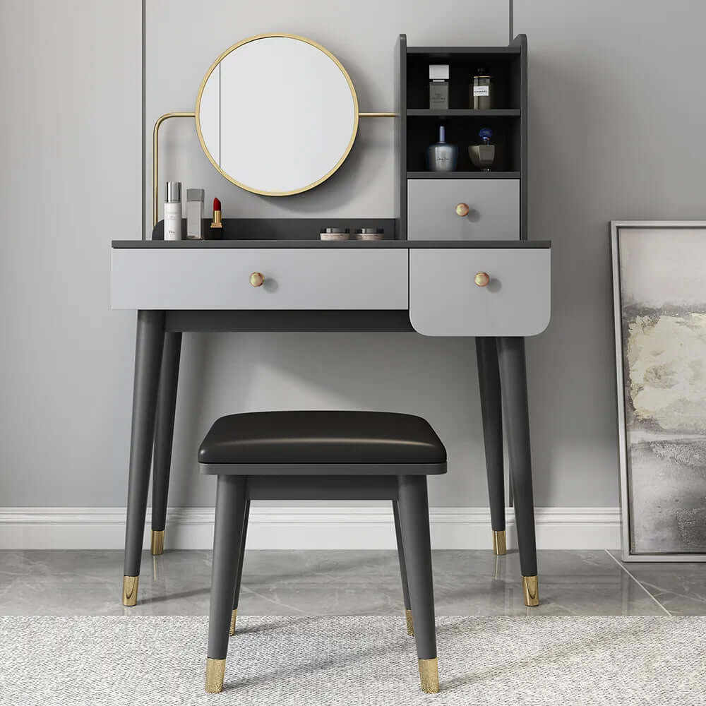 Modern minimalist makeup vanity set with mirror and stool in rich walnut finish