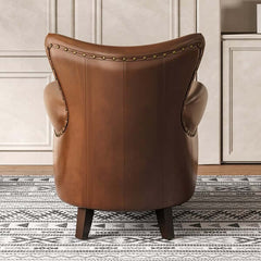 Upholstered midcentury modern brown accent chair with solid wood frame