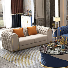 3-piece blue and beige luxury velvet upholstered chesterfield sofa set with elegant design