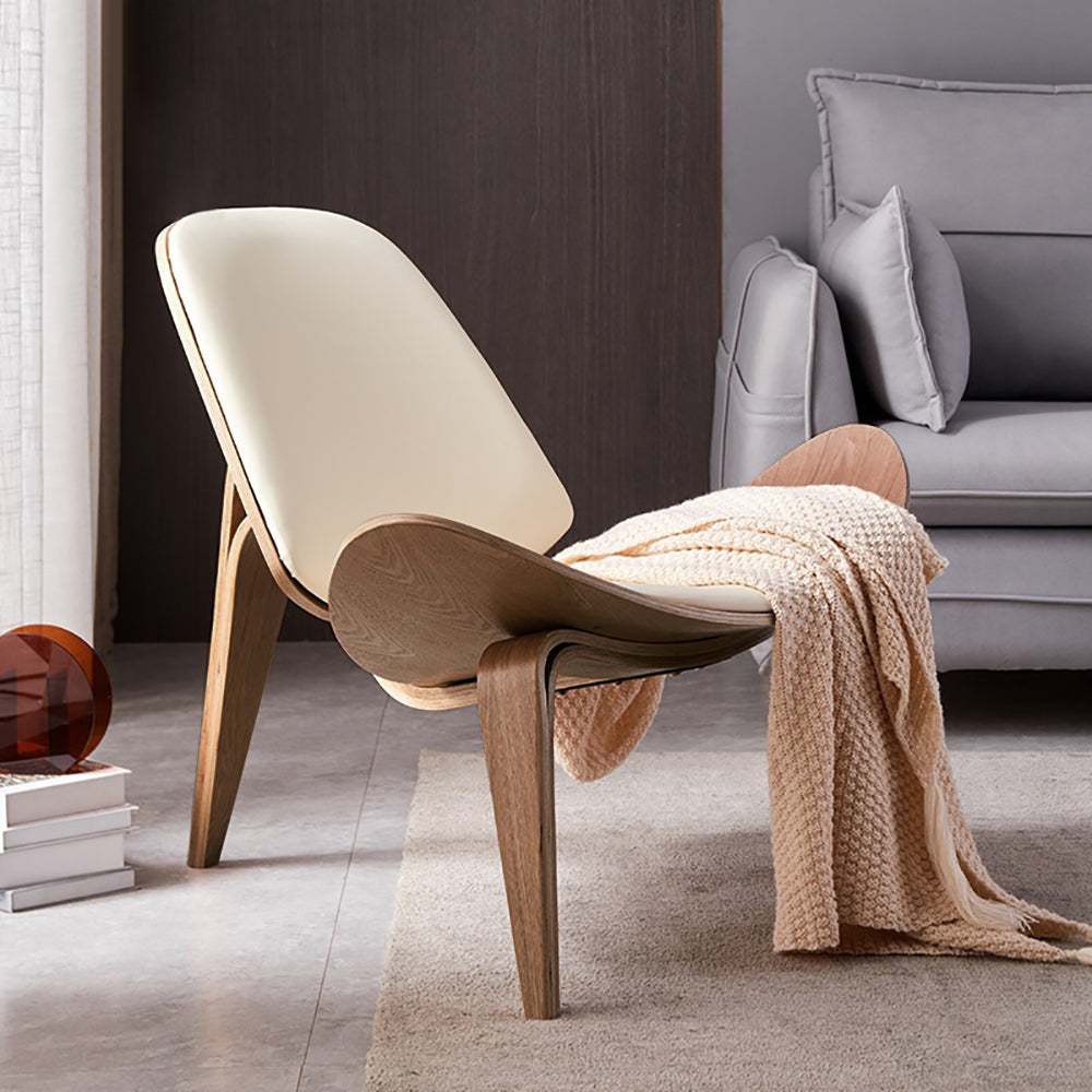 Modern Tripod Black Leather Lounge Chair with Single Side in Walnut