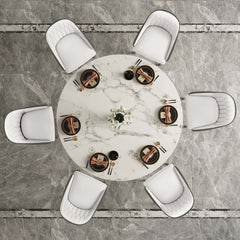 Chic 7-piece dining set featuring stunning sintered stone top table and 6 chairs in white & gray