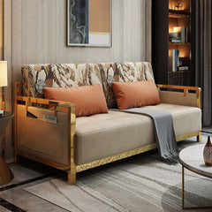 Full Sleeper Sofa Bed with Beige Upholstery and Gold Metal Frame - Modern Furniture Design