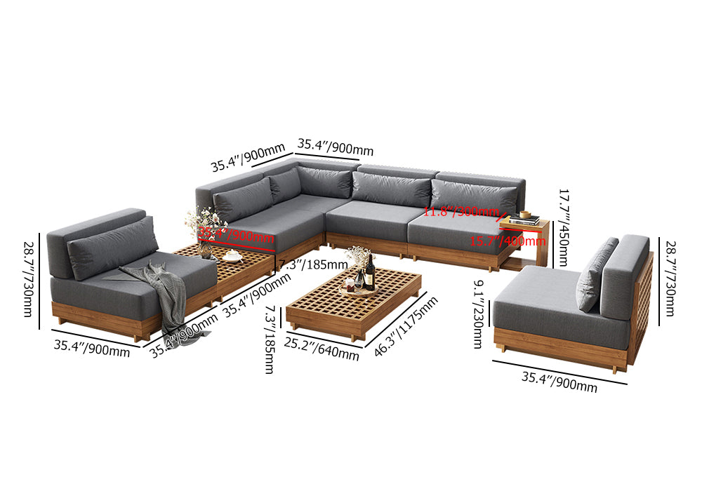 9 Pieces Teak Modular Outdoor Patio Sectional Sofa Set with Coffee Table and Cushion