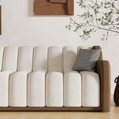 86.6 inch modern white sofa with 3-seater fluted velvet upholstery and walnut leather armrests