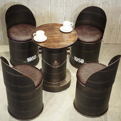 Pair of Industrial Bar Stools with Backs, Modern Pub Height PU Leather Barrel Chairs