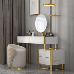 Stylish white makeup table with stone top, cabinet mirror, and stool for modern bedroom