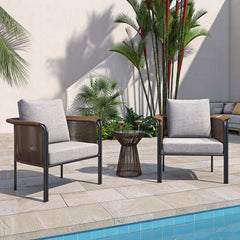 3Pcs modern coffee rattan outdoor sofa set with tempered glass top and stylish gray cushion