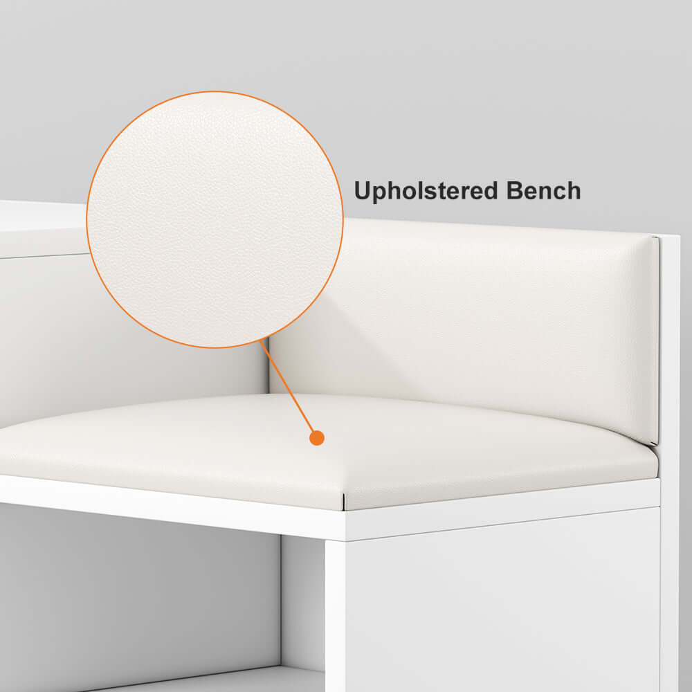 Contemporary white upholstered shoe rack bench with storage cabinet and shelf for hallway