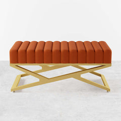 Elegant Gold XBase Bedroom Bench with Orange Velvet Upholstery