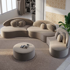 Modern round sectional 7-seat sofa set in beige velvet upholstery with ottoman and decorative pillows