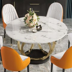 Contemporary round dining table with 6 chairs in white and gray for stylish dining area