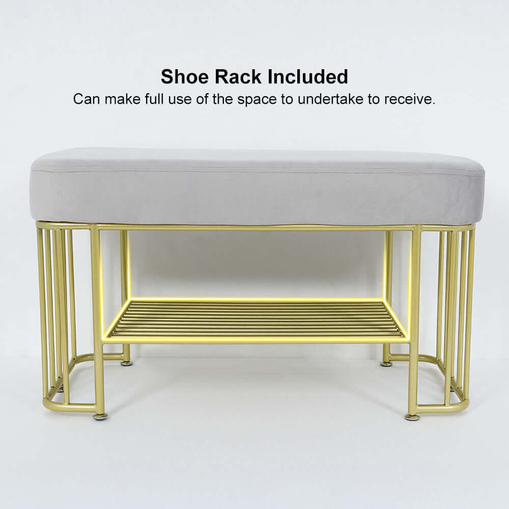 Trendy green velvet upholstered bench for entryway with modern golden frame and shelves