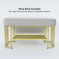 Trendy green velvet upholstered bench for entryway with modern golden frame and shelves