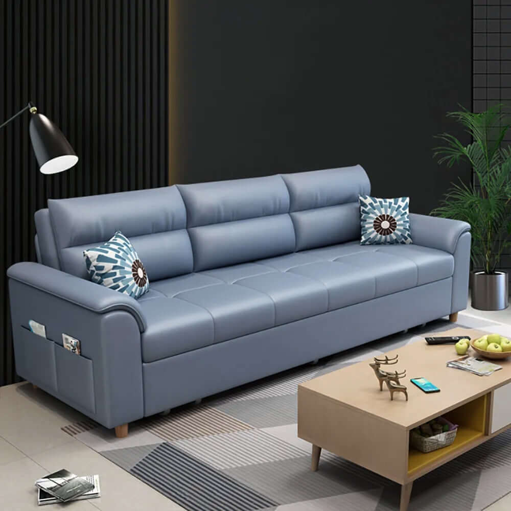 Modern 74" full sleeper sofa in blue with convenient storage and pockets