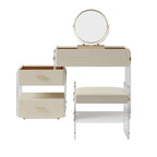 White floating vanity set with acrylic stool, mirror, and ample storage drawers
