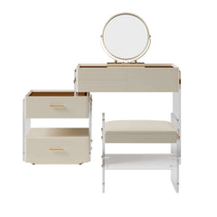 White floating vanity set with acrylic stool, mirror, and ample storage drawers