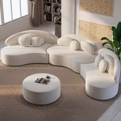 Modern beige velvet upholstered 7-seat sofa with ottoman and pillows for living room