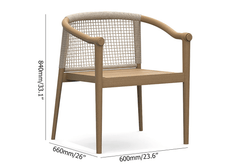 Pair of elegant teak wood outdoor patio armchairs in natural and beige