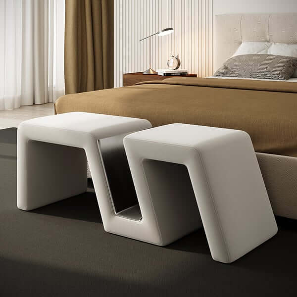 Modern white velvet bedroom storage bench with soft upholstered finish