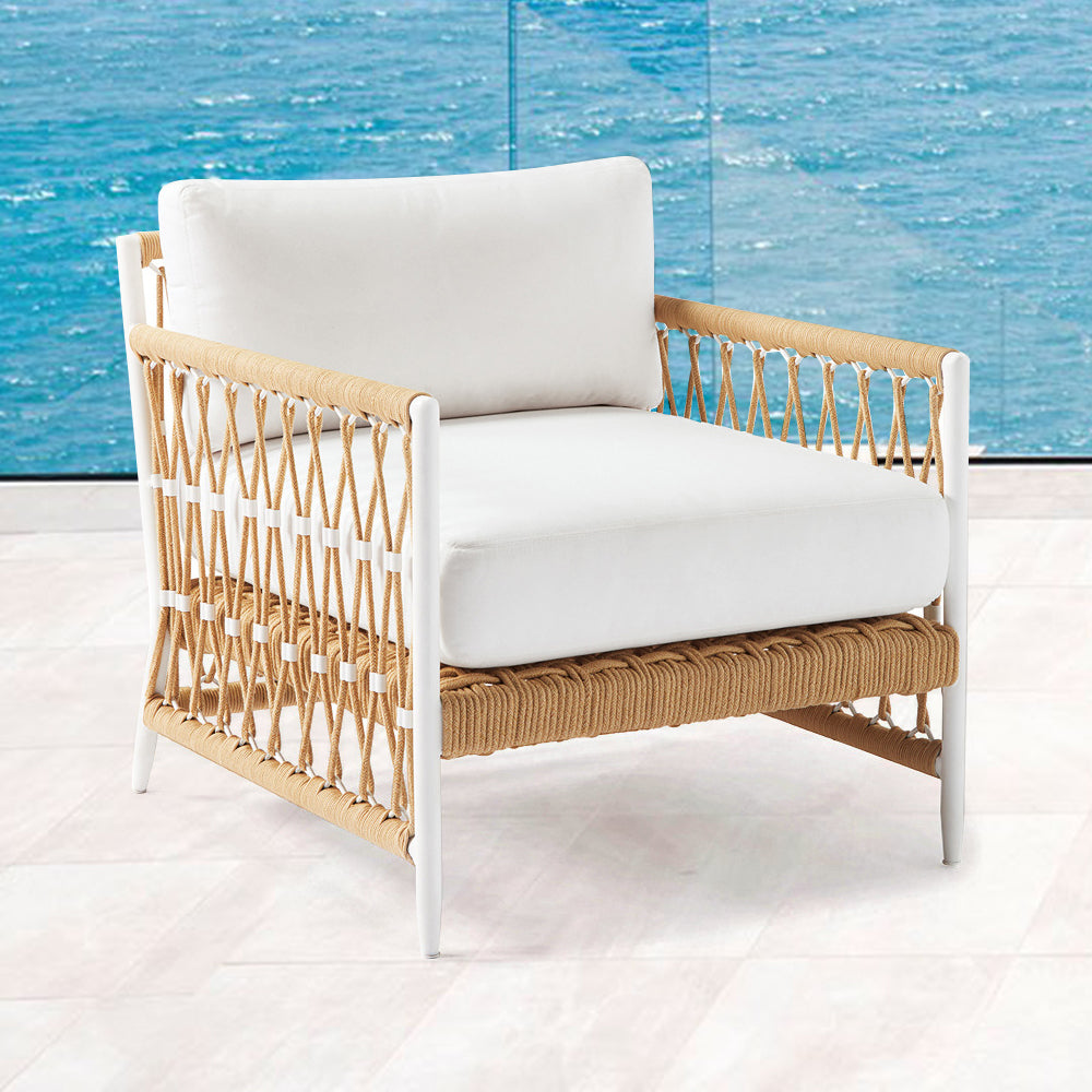 Woven Rope Outdoor Armchair Accent Chair with White Polyester Pillow Cushion