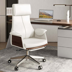 High back white leather executive office chair with adjustable recline and swivel