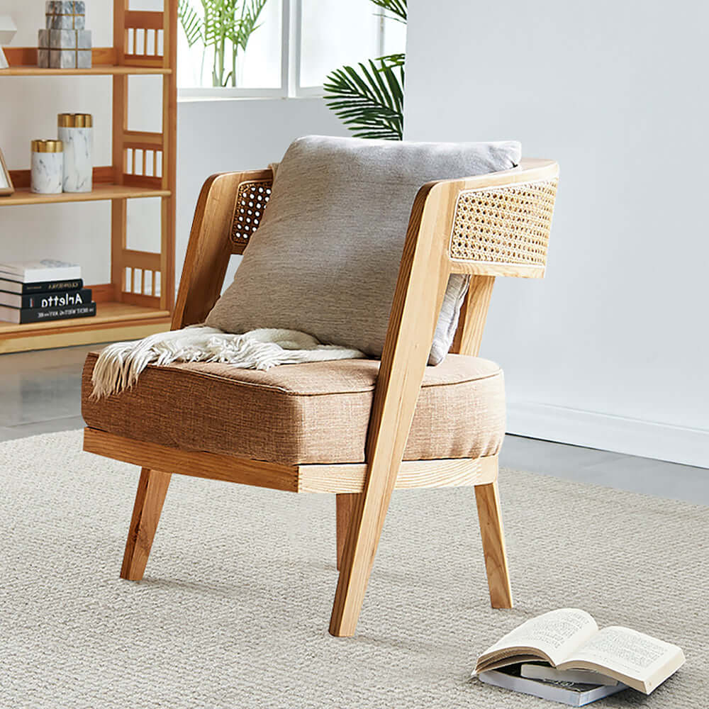 Modern Ash & Rattan Accent Chair with Cotton & Linen Upholstery for Living Room Decor Imagen principal del producto
