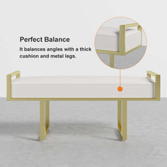 Gray linen upholstered ottoman bench with gold legs, ideal for adding style to entryway