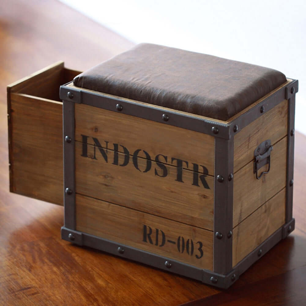 Industrial Natural Pouf Ottoman Upholstered PU Leather Footrest with Distressed Drawer - Stylish and Durable Footrest for Living Room or Office