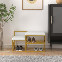 Luxurious white and gold PU leather upholstered bench for entryway