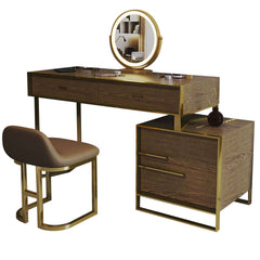 Chic walnut makeup vanity set with drawers, cabinet, dressing table mirror, and stool, perfect for creating a stylish beauty station in bedroom or bathroom