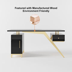 Black modern wooden executive writing desk and chair set for home office, 71 inches