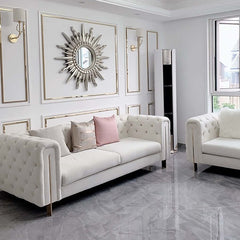 White tufted sofa with modern velvet upholstery and 86.6-inch length