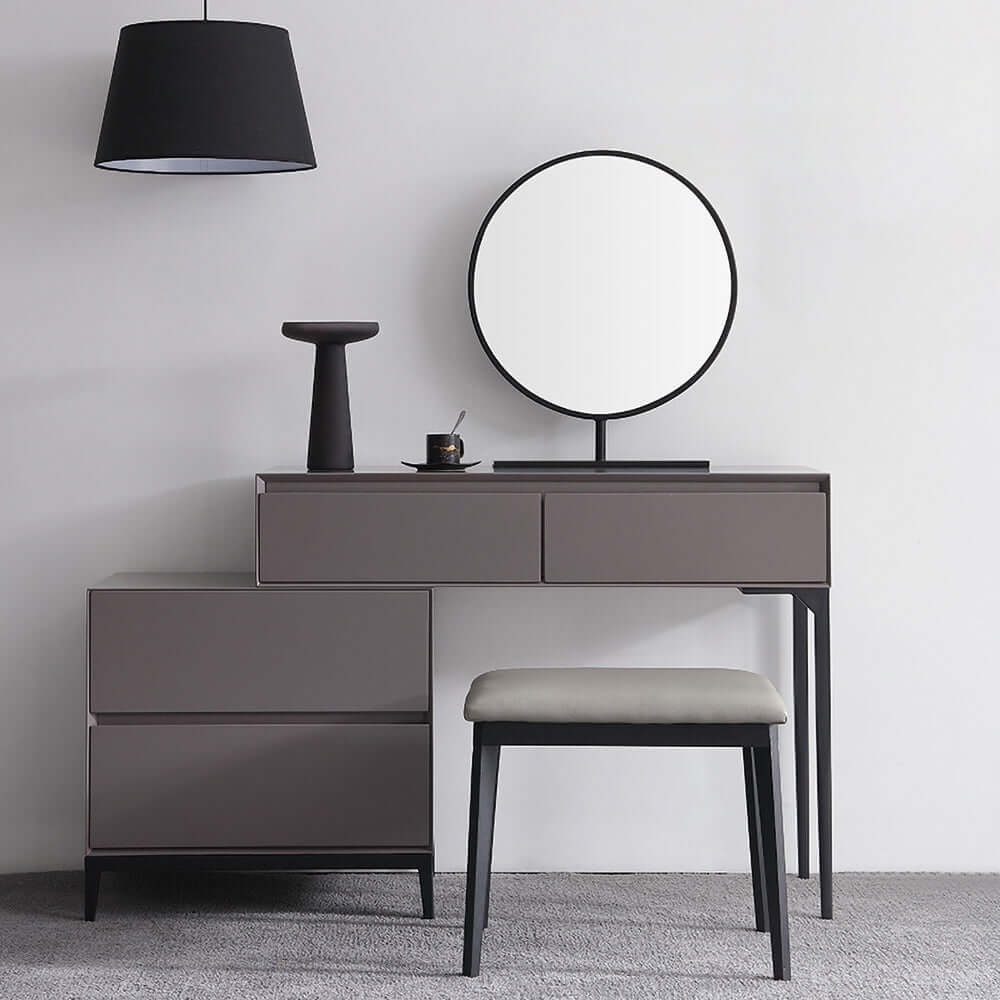 Gray makeup vanity set with side cabinet and mirror for stylish bedroom organization メイン画像