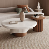 2Piece Round Wood Coffee Table Set with Fluted Base in White & Walnut
