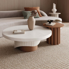 Stylish round wood coffee table set with white and walnut fluted base