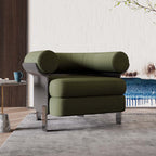 Modern green boucle sherpa upholstered accent chair with round back in living room setting